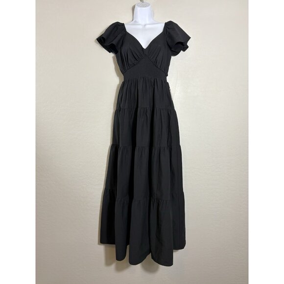 NWT Express Maxi Dress Women’s Tiered V-neck Smocked Waist black Witchy S Gypsy - Picture 3 of 12